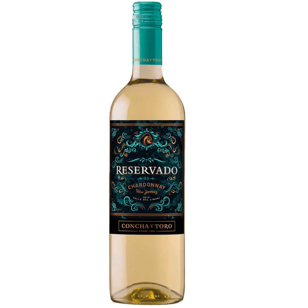 Garrafa de vinho branco Reservado Chardonnay Concha y Toro, rótulo elegante com detalhes em azul e dourado