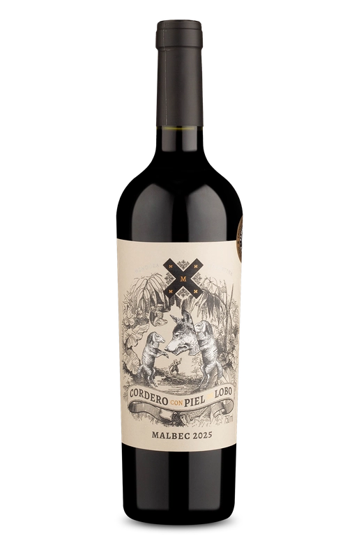 Garrafa de vinho Malbec 2025 Cordero con Piel Lobo, rótulo ilustrado com lobos e detalhes rústicos