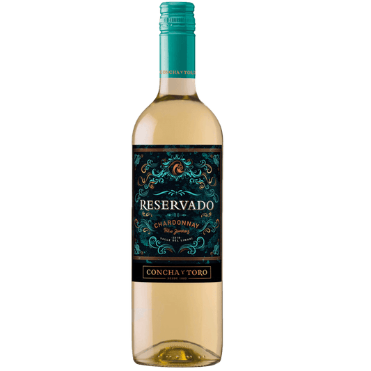Garrafa de vinho branco Reservado Chardonnay Concha y Toro, rótulo elegante com detalhes em azul e dourado