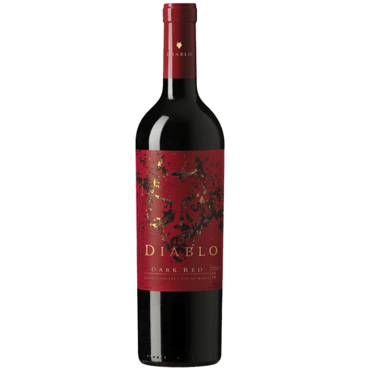 Garrafa de vinho tinto Diablo Dark Red, rótulo vermelho com detalhes dourados, ideal para apreciadores de vinhos premium
