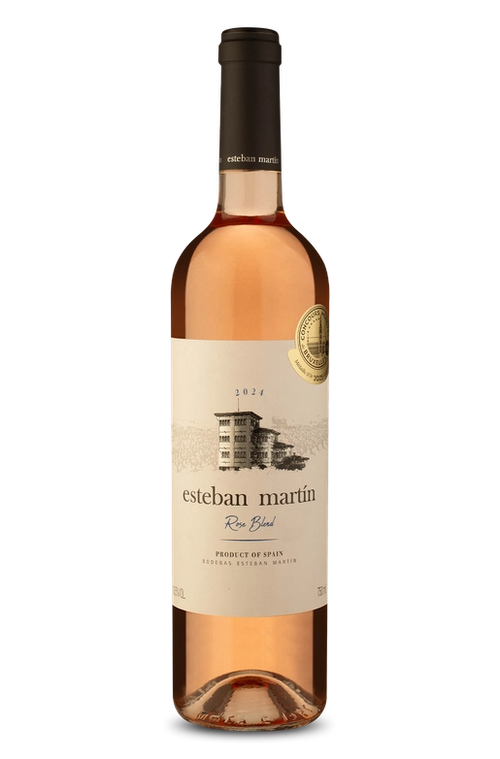 Garrafa de vinho rosé Esteban Martín 2024, produto da Espanha, rótulo com ilustração de vinícola