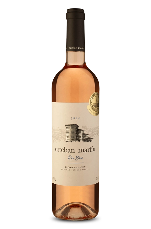 Garrafa de vinho rosé Esteban Martín 2024, produto da Espanha, rótulo com ilustração de vinícola