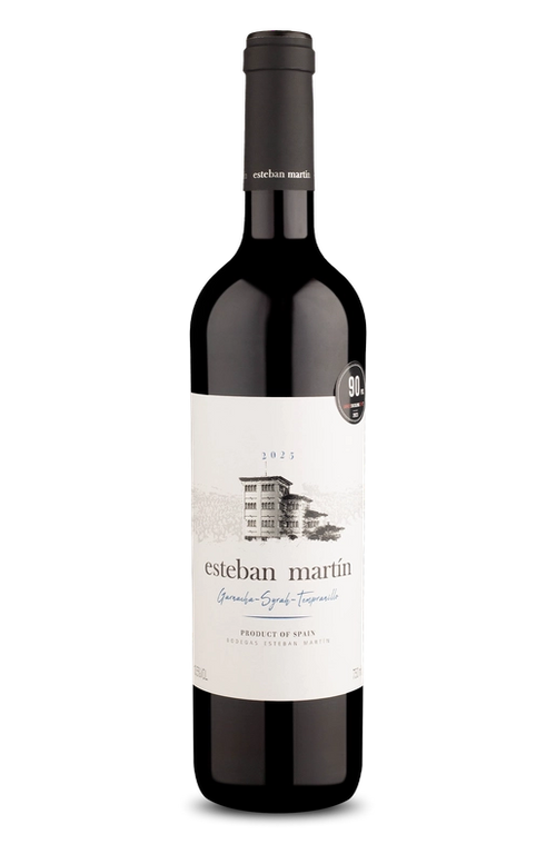 Garrafa de vinho tinto Esteban Martín 2023, uvas Garnacha-Syrah-Tempranillo, Espanha
