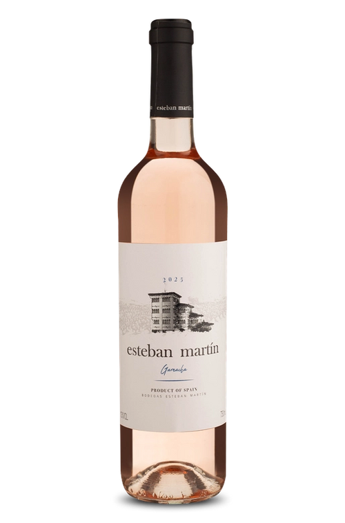 Garrafa de vinho rosé Esteban Martín 2023, produto da Espanha, rótulo elegante com ilustração de vinícola