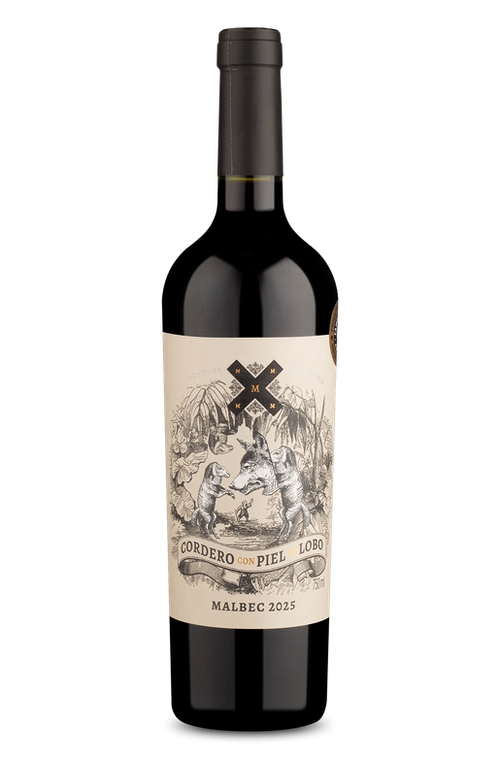 Garrafa de vinho Malbec 2025 Cordero con Piel Lobo, rótulo ilustrado com lobos e detalhes rústicos