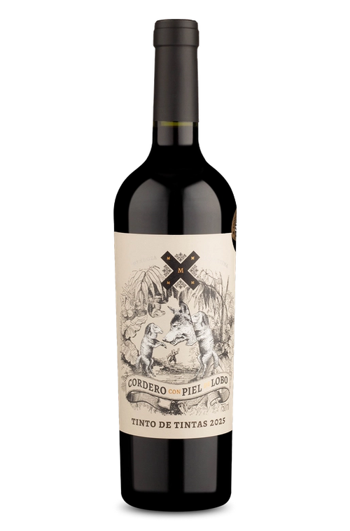 Garrafa de vinho tinto Cordero con Piel Lobo 2025, rótulo ilustrado com cães e lobo