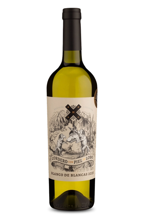 Garrafa de vinho branco Cordero con Piel Lobo, Blanco de Blancas 2025, rótulo ilustrado com lobos