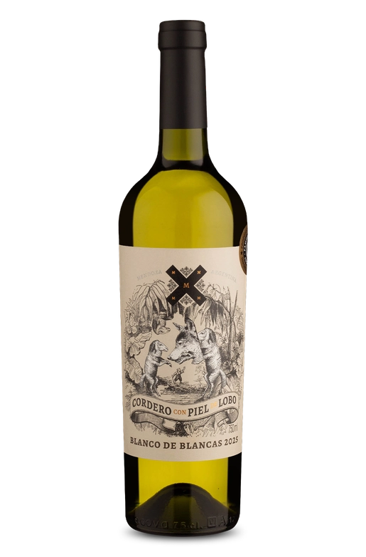 Garrafa de vinho branco Cordero con Piel Lobo, Blanco de Blancas 2025, rótulo ilustrado com lobos