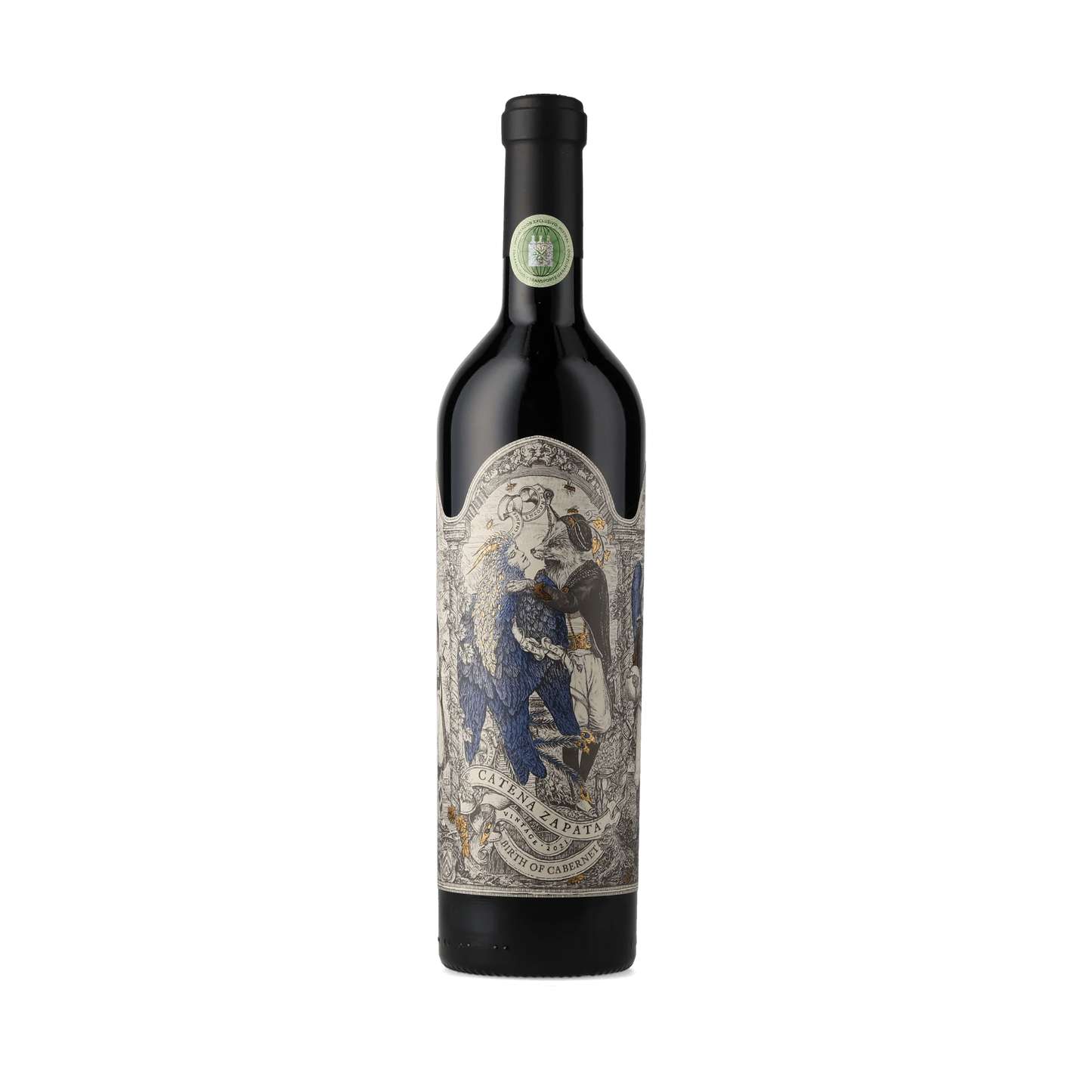 Garrafa de vinho Catena Zapata Birth of Cabernet, rótulo ilustrado com raposa e pássaro, vintage 2021