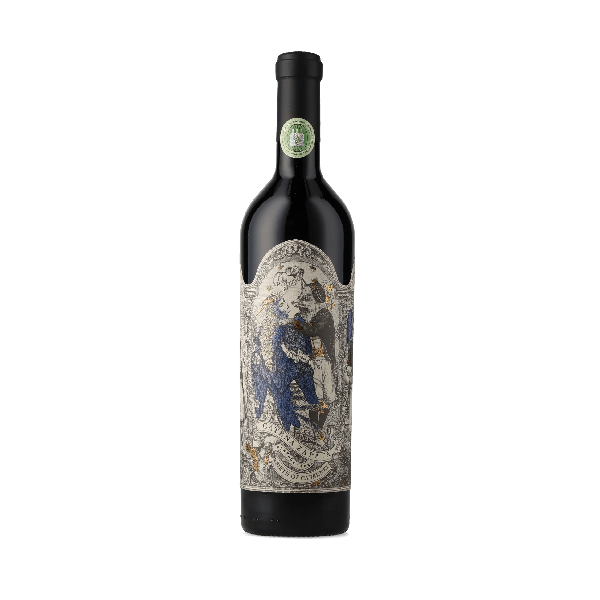 Garrafa de vinho Catena Zapata Birth of Cabernet, rótulo ilustrado com raposa e pássaro, vintage 2021