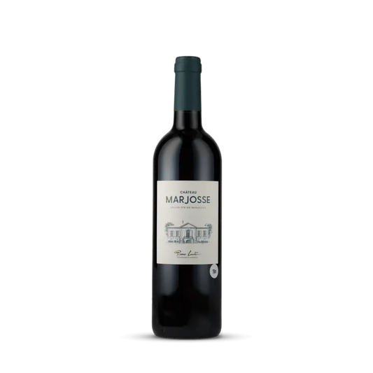 Garrafa de vinho tinto Château Marjosse, Grand Vin de Bordeaux, rótulo clássico com ilustração de château