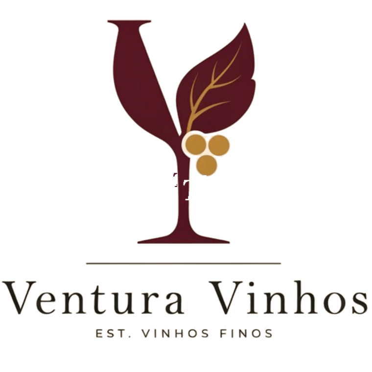 Logotipo Ventura Vinhos com taça de vinho, folha e uvas, representando vinhos finos